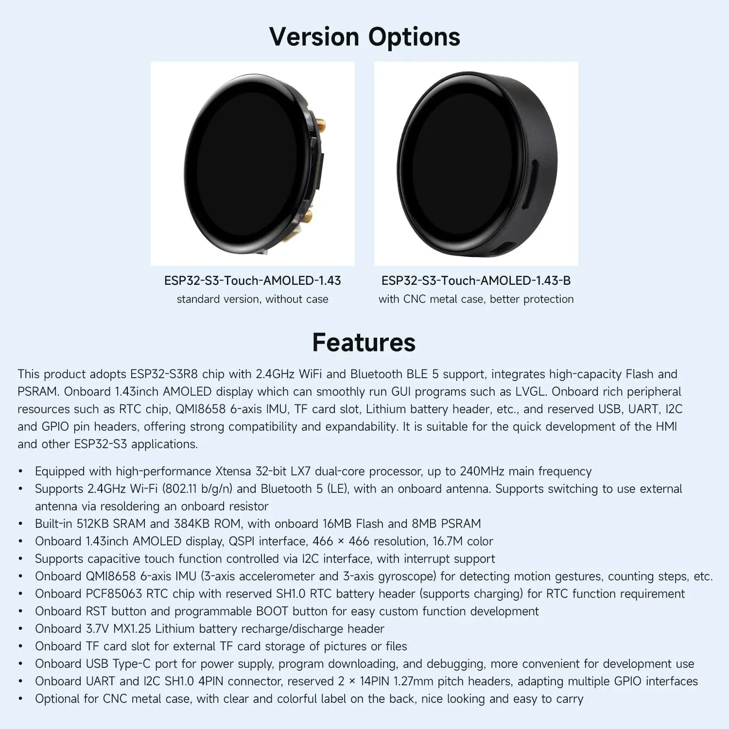 ESP32-S3 1.43 polegadas AMOLED Touchscreen Placa de Desenvolvimento 466x466 Display Redondo ESP32 Display HMI LVGL GUI Desenvolvimento