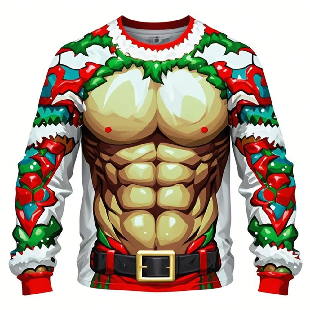 فريد ثلاثية الأبعاد طباعة وهمية العضلات نمط سترة قبيحة للرجال شخصية اللياقة البدنية الجولة الرقبة فضفاضة البلوز عيد الميلاد الملابس 2026