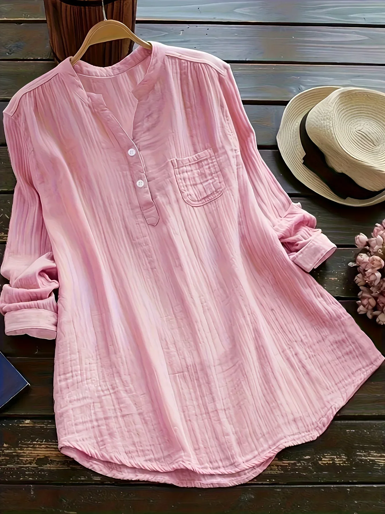 Women‘s Office Fashion V Neck Long Sleeve Shirt Button Blouse Ladies Plain Casual Solid Color Casual  Long Sleeve Blouse