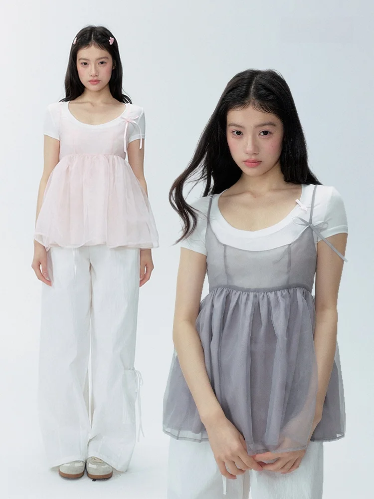 

24 Olvides Initial Summer Korean Series: Укороченный топ с рюшами и облегающая юбка с тюлевым подолом, женский топ-майка с высокой эластичностью