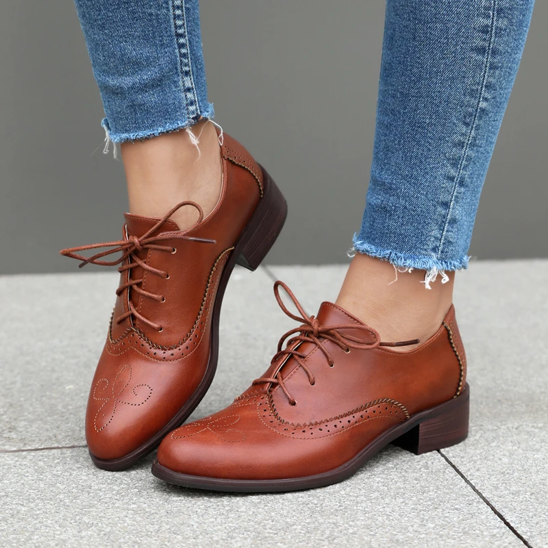 Spring Autumn Oxfords Shoes for Women British Style Lace Up Round Toe Black White Vintage Brogue Flats Female Derby Shoes 47 48