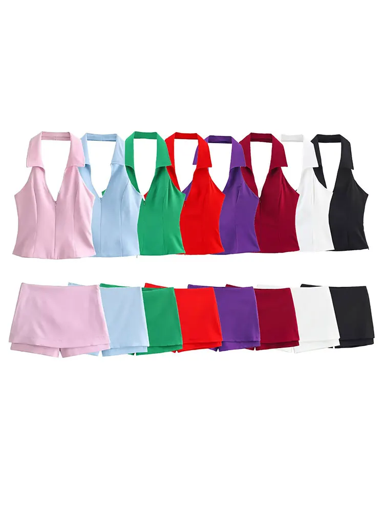 HH Women Summer 2 Piece Set High Waist Back Pocket Mini Skirts Shorts Sexy V-Neck Sleeveless Backless Suspender Zipper Top