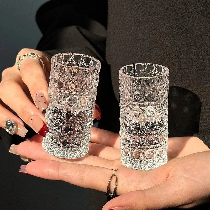 

6pcs Set Small Wine Glass Cup Diamond Textured Glass Shot Glass Party Spirits Cup Espresso Coffee Mug Sake Soju Brandy Clear Cup