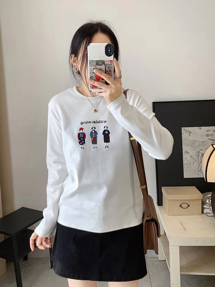 

Silver Home Embroidered Cartoon Long Sve round Ne T-irt Women's Premium Faion Cotton Tees Comfortable Casual Tops