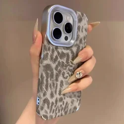 Titanium gray leopard print pattern leather phone case for iPhone 16 15 14 13 12 11 Pro Max full shockproof hard bumper cover