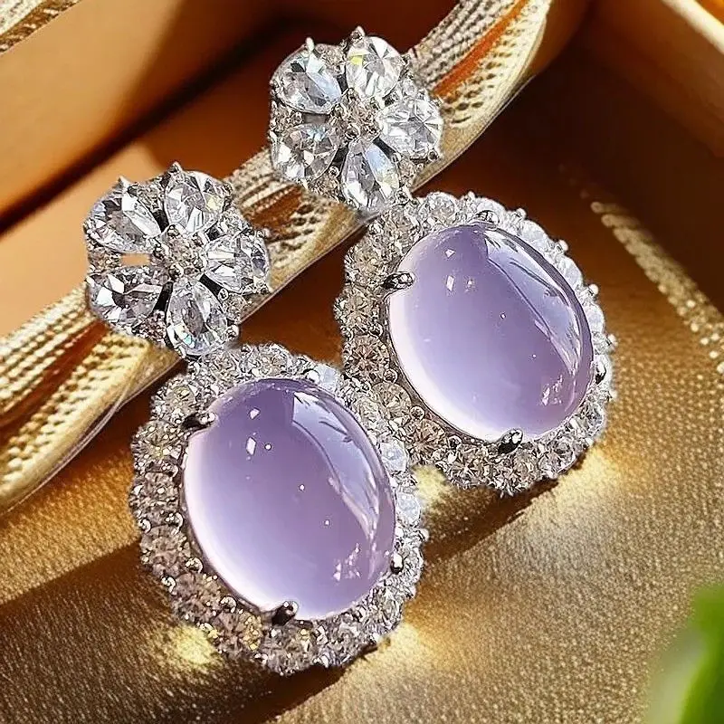 

Amethyst chalcedony agate jade violet stud earrings temperament chalcedony