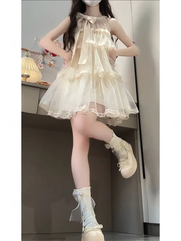 Ele  Knot Svel Dr Summer New Gentle Sweet Fluffy Waist a Net ort Skirt A-Line Silhouette Pure C...