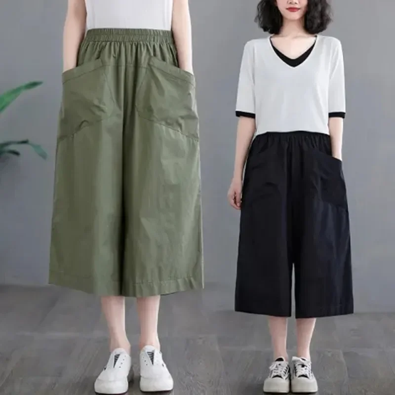 

NICE Summer New Plus Size Retro Art Casual Wide Leg Pants Women Loose Slimming Pocket Seven-Foot Trousers Fashionable Straight C