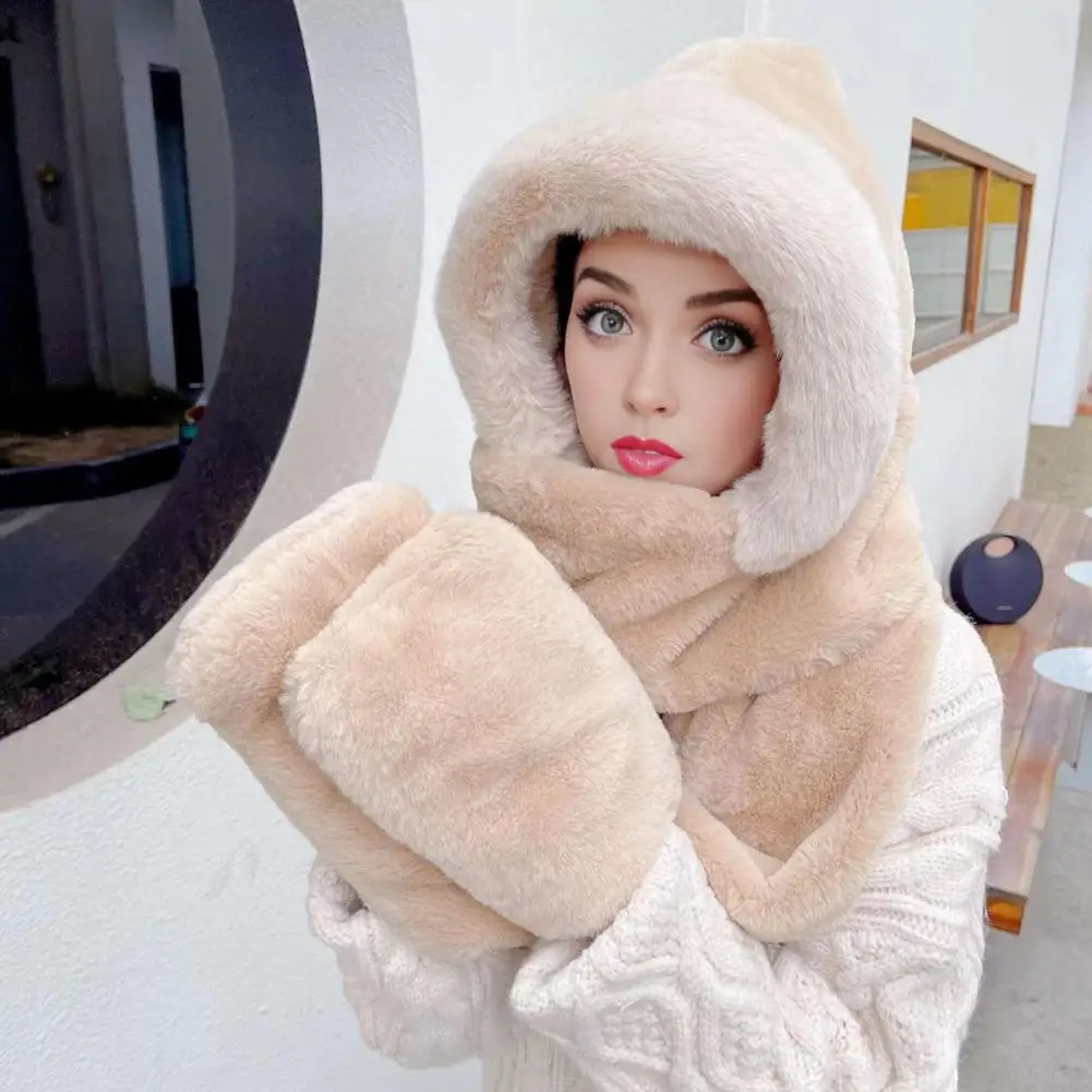 

Solid Color Winter Cap Thick Warm Faux Fur Women's Winter Hat with Integrated Scarf Gloves for Outdoor Cycling Travel Solid
