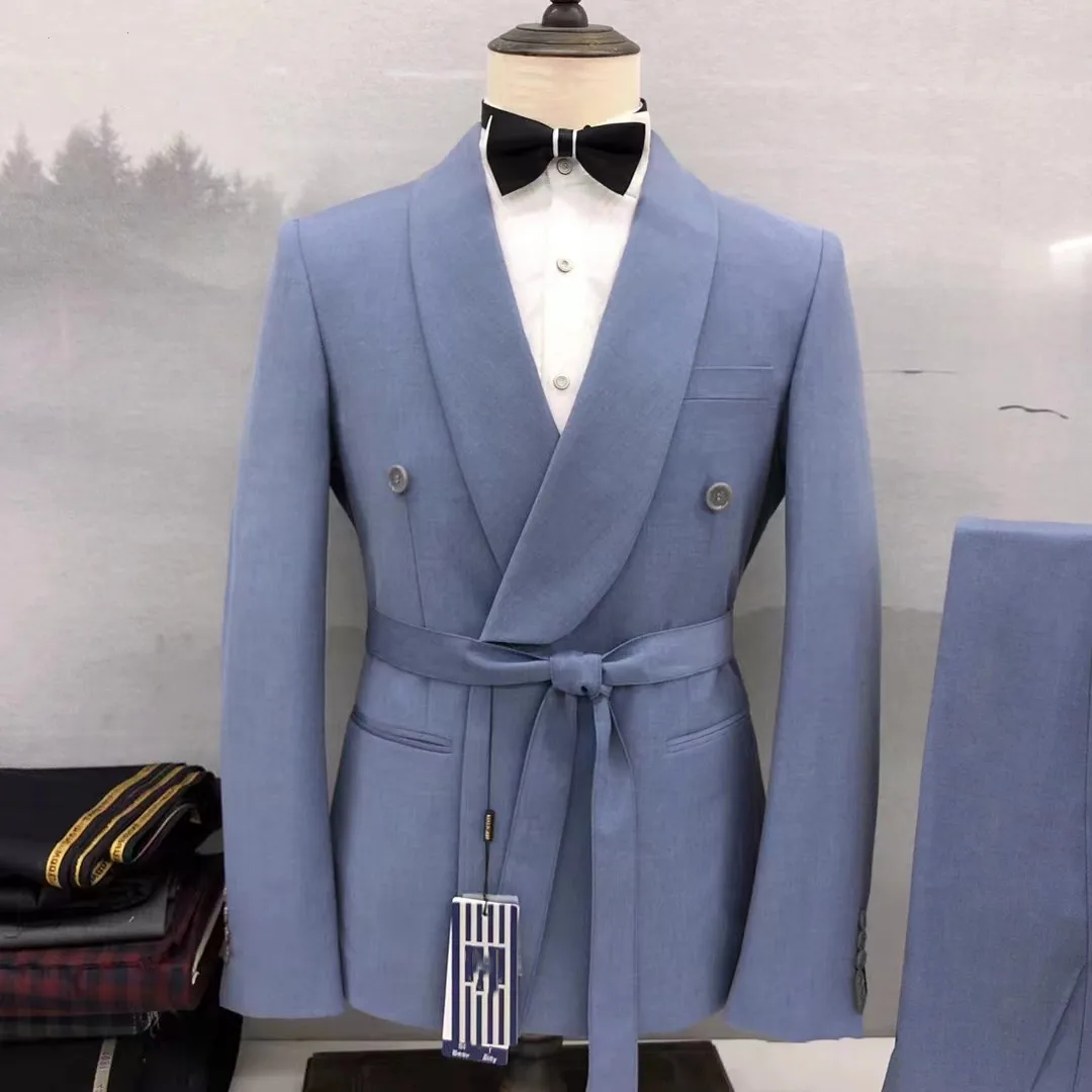 Pakaian pernikahan pria, disesuaikan, mode biru muda, dipasangkan dengan sabuk Formal pengantin pria, kerah syal, Prom untuk pria, Blazer Slim Fit