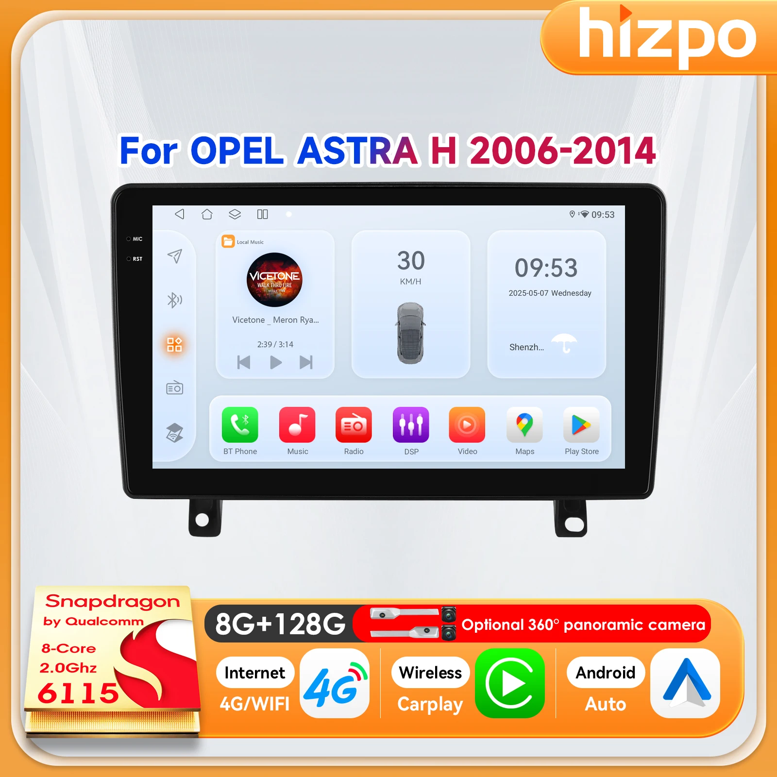 Автомагнитола Hizpo 9 дюймов 2DIN для OPEL ASTRA H 2006-2014, интеллектуальная система, 8-ядерный процессор, AI-голосовое управление, Android 14, ADAS, DSP