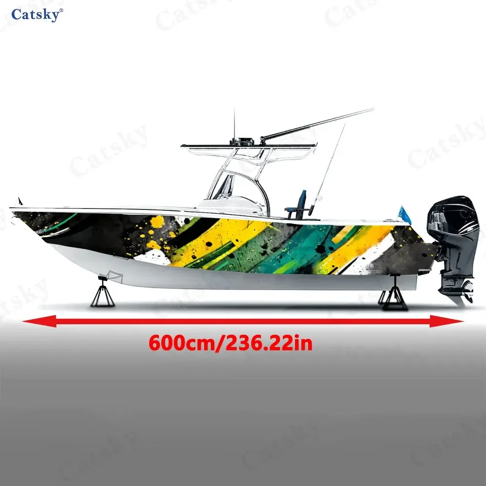 2Pcs Gold & Green Splash Stripes Boat Stickers, PVC Waterproof Vinyl Wrap Decals for Fishing Boats, Durable and Stylish Design