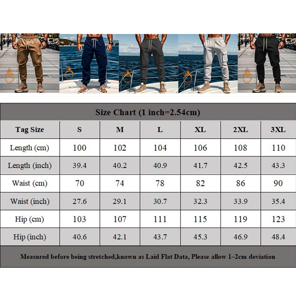 Mens Autumn Winter Plus Velvet Multi-pocket Cargo Pants Straight Fit Sweatpants Straight Fit Sports Sweatpants Fashion