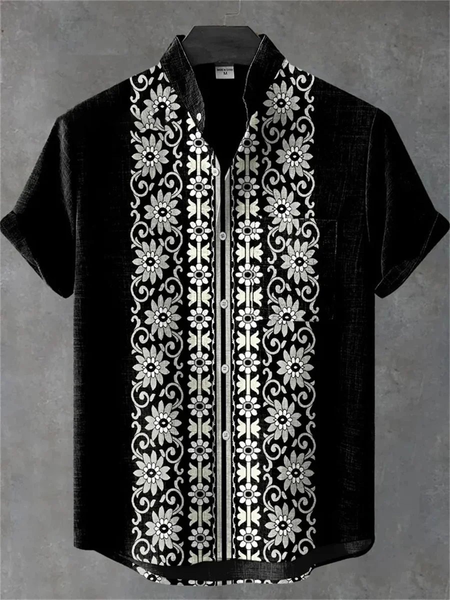 جديد الرجال قميص كتان ثلاثية الأبعاد مطبوعة شخصية حك نمط قميص الرجال عادية كم قصير علوي أنيق الوقوف طوق زر شير