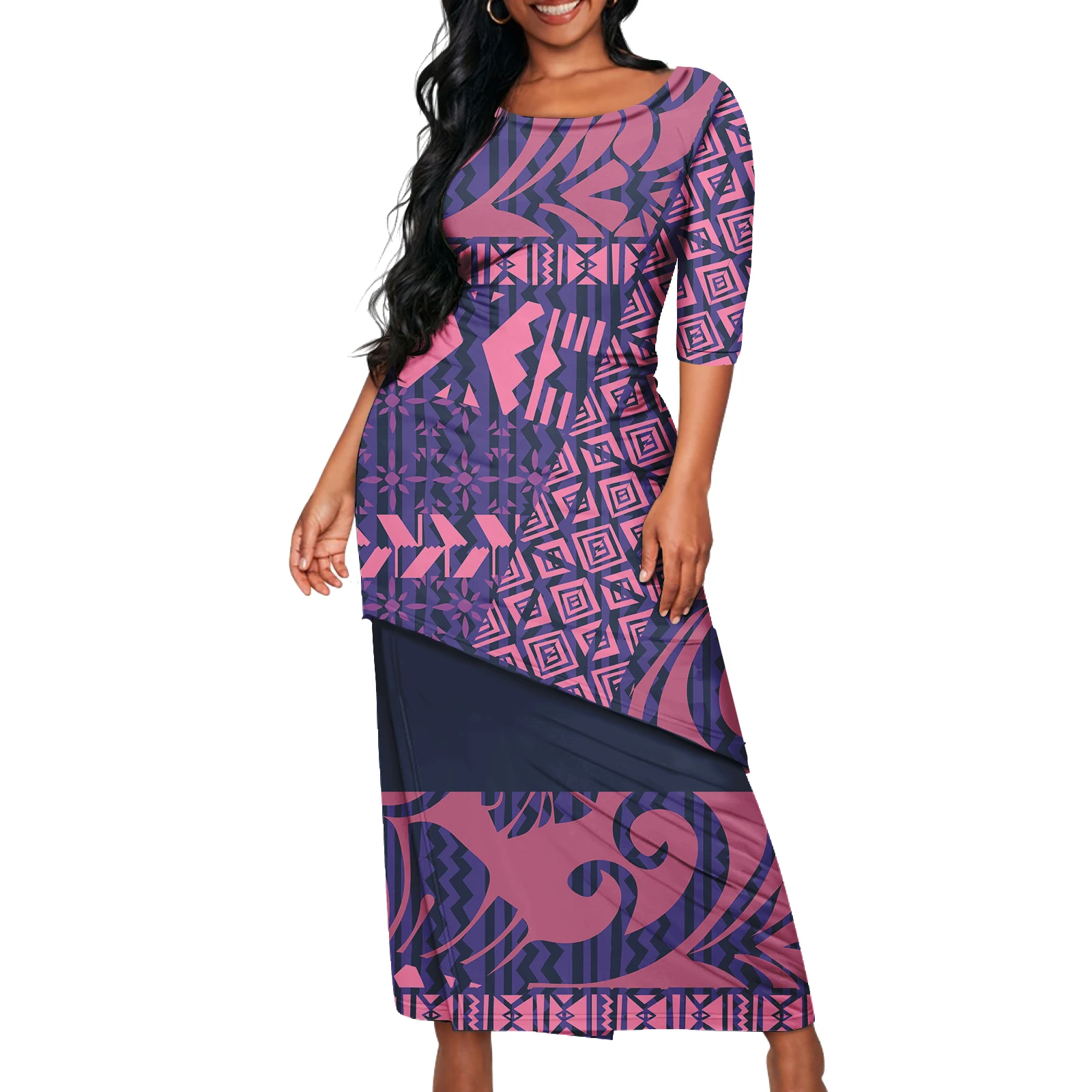Saia de Terno Feminina Elegante com Design Exclusivo de Barra Inclinada para Baixo, Padrão Personalizado, Ajustada e de Camada Dupla, Estilo Puletasi Polinésio