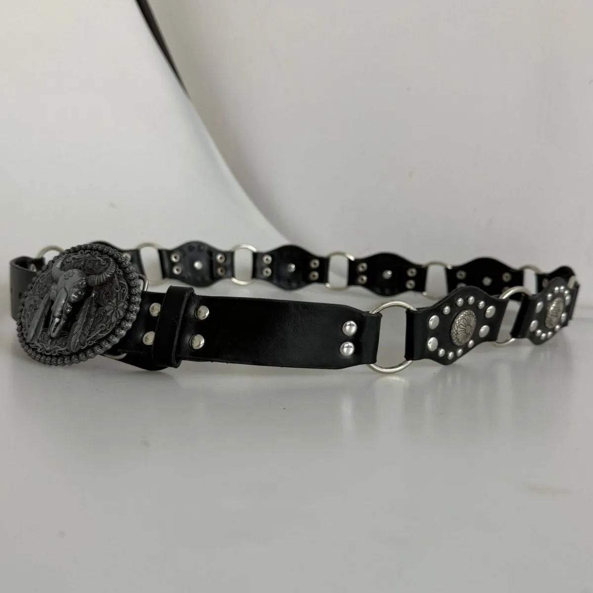 

WW retro, head fashion hollow ring PU leather splicing belt subcultural versatile belt