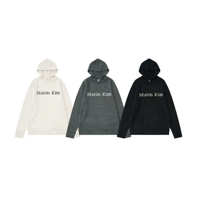 Matin Kim New Hooded Knit Sweater for Women, Distressed Pullover Unisex Casual Top