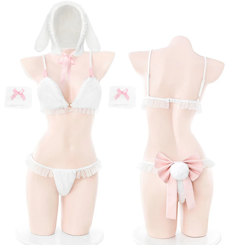 Cute Plush Snow Bunny Girl Cosplay Costumes Warm Underwear Women Sexy Lingerie Rabbit Uniform Ear Hat Pajamas Outfits