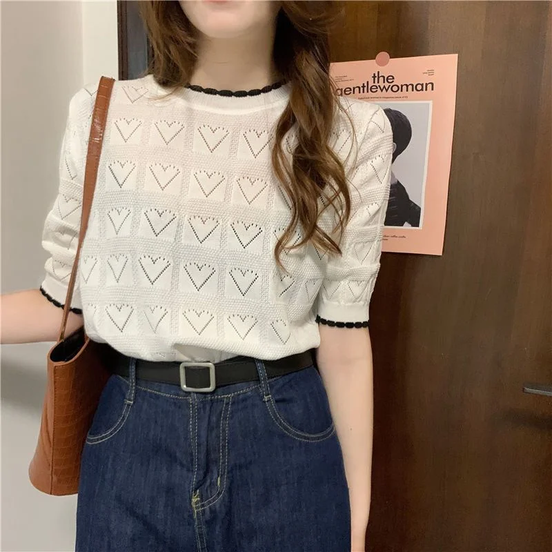 New Summer Hollow Out Solid Color T-shirt Women Simple Fashion Knitted Comfortable Vintage Feminine Harajuku All-match Cozy Tops