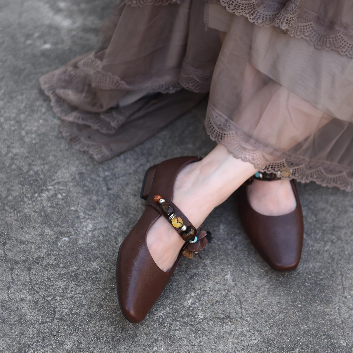 Artmu Fashion String Bead Women Pumps Shoes For Women 2.5 cm High Heels Genuine Leather Female Luxury Buckle Mary Jane Shoes