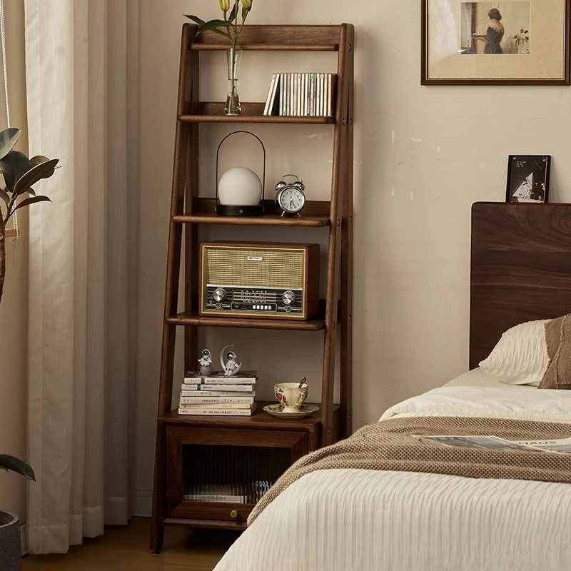 Black walnut solid wood bookshelf integrated against the wall, home bedroom bookcase, living room storage floor-standing storage