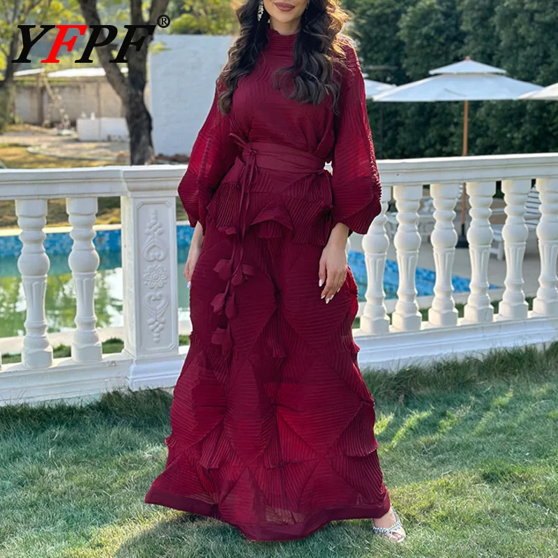 

YFPF High End Miyake Pleated Design 2 Piece Set Women Belt Pullover Tops + A-line Loose Skirt Fashion Female New Clothing 1A567