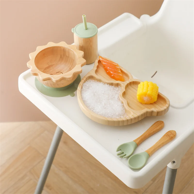 Baby Cloudy Bamboo Dinnerware Kid Feeding Tableware Set Bowl Plate Fork Spoon Silicone Cup Set Baby Feeding Dishes Accessories