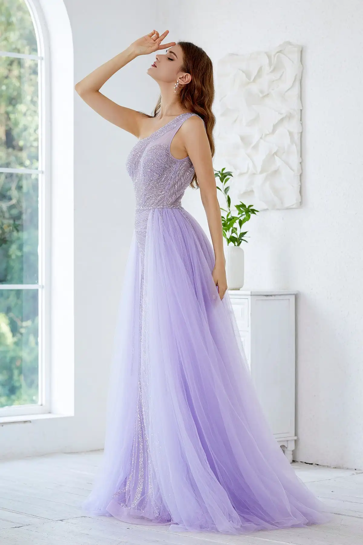 Luxury Dubai Lavender Evening Gown Mermaid Side Slit Lilac One Shoulder Wedding Formal Party Dress