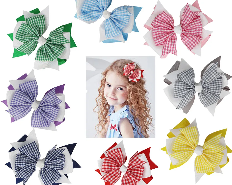 NEW Plaid Bows 4INCH School Hair Bows First Day Gingham Ribbon Stacked Bow Hair Clip Hairpin For Baby Girl Accessories