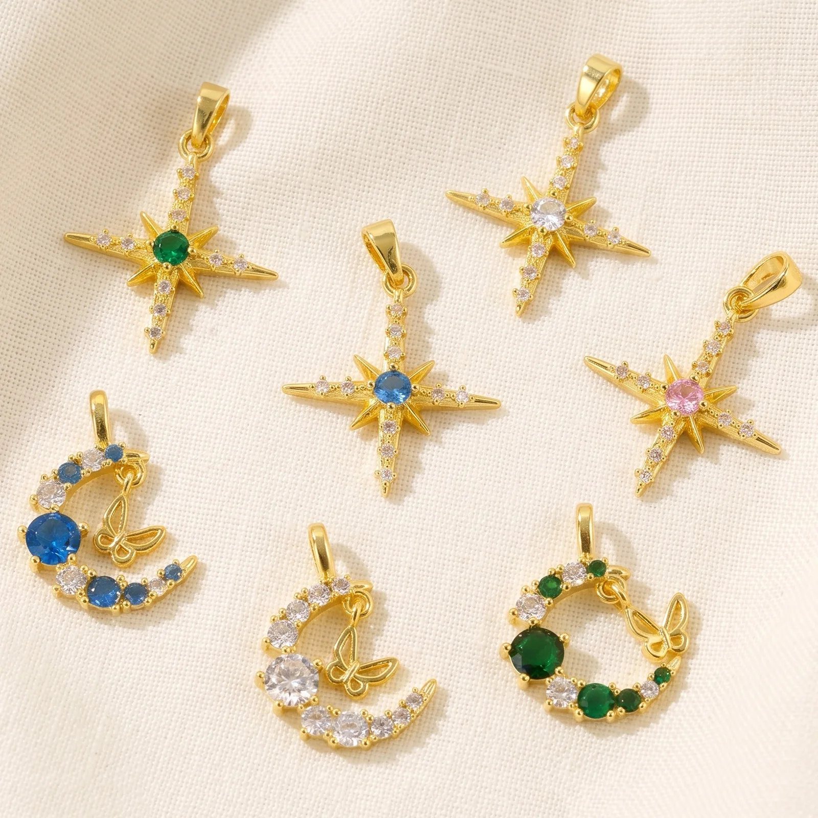 2pcs Galaxy Half Moon Star Cubic Zirconia Pendants 18K Gold Plated Brass Charms DIY Necklace Jewelry Making Findings Wholesale