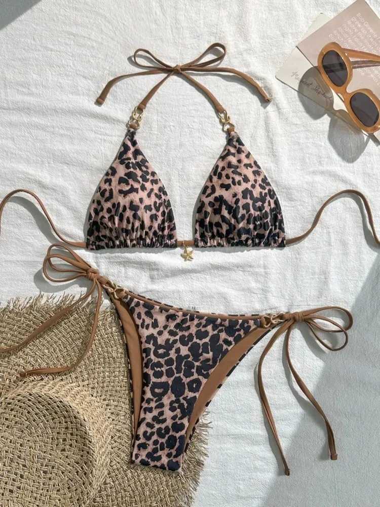 Sexy Print Women Clothes Holiday Beach Party 2 Piece Set Lace Up Halter Bra Tops + Shorts 2025 Summer Fashion Suit Swimwear