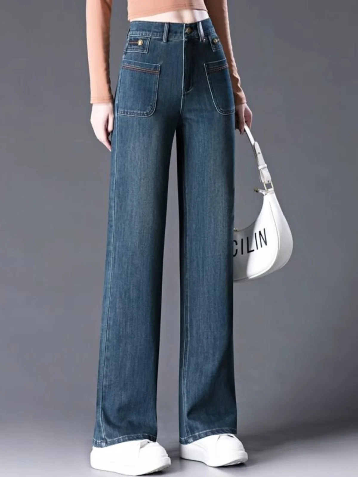 

Широкие джинсы с высокой талией, женские свободные джинсовые брюки прямого кроя с эластичной резинкой на талии, весенне-осенние повседневные брюки