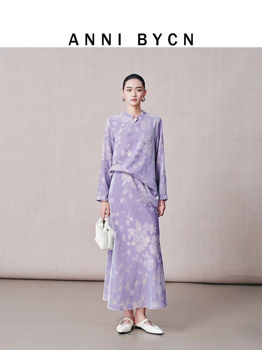 

Annibycn New Chinese Style Velvet Set Women's Spring Fashion Top Half Skirt Two-Piece Suit Long Sleeve Stand Collar Shirt