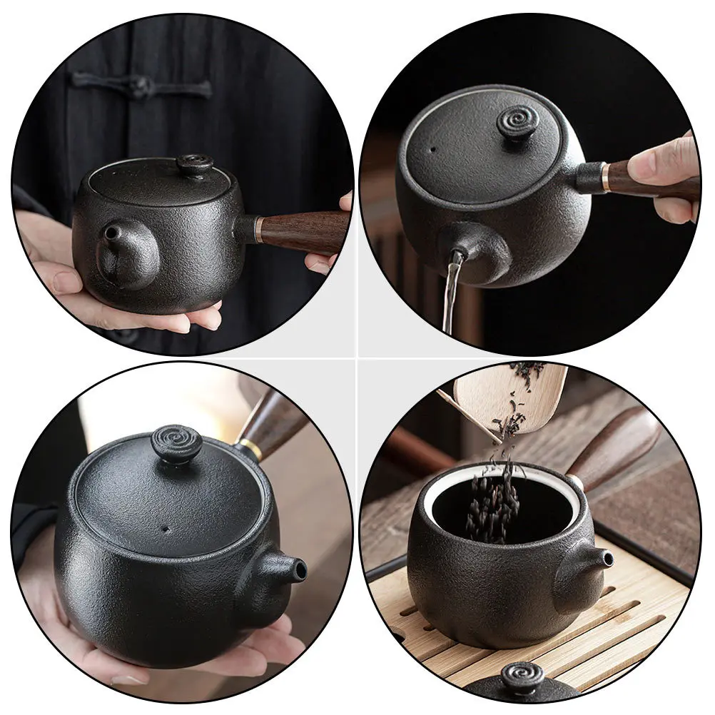 

Black Pottery Vintage Kung Fu Teapot Ceramic Tea Set For Home Office Heat-Resistant Non-Skid Handle Smooth Surface Simple Design