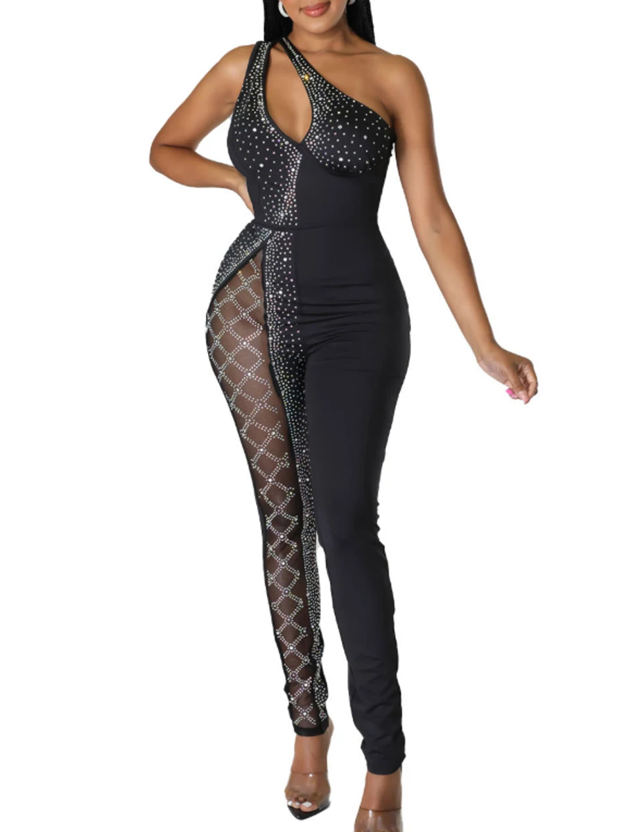 Sexy Sheer Mesh Rhinestone One Shoulder Sleeveless Skinny Jumpsuits No Belt