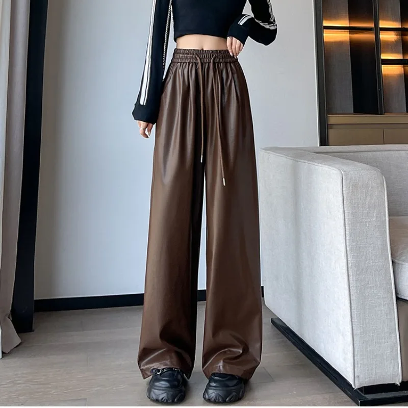 Korean Loose Casual Pants High Waist Wide Leg Floor-Length Pants Women\'s Black PU Leather Pants 2023 New Autumn Winter