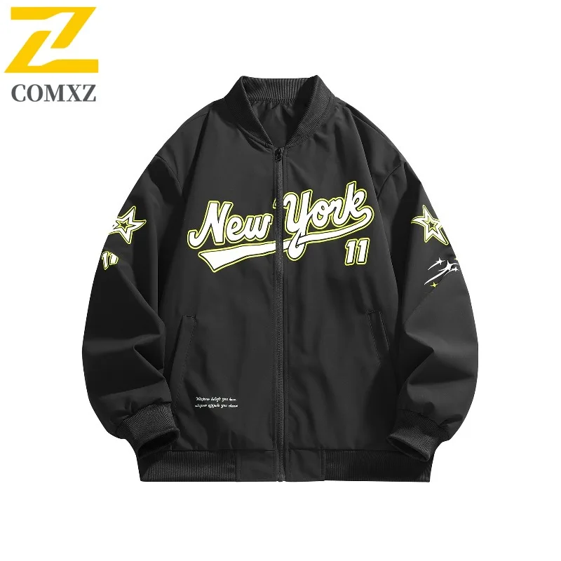 

COMXZ Premium Mens Jacket Casual American Vintage Stand Collar Baseball Uniform Coat Loose Fit Lightweight Spring Autumn Top