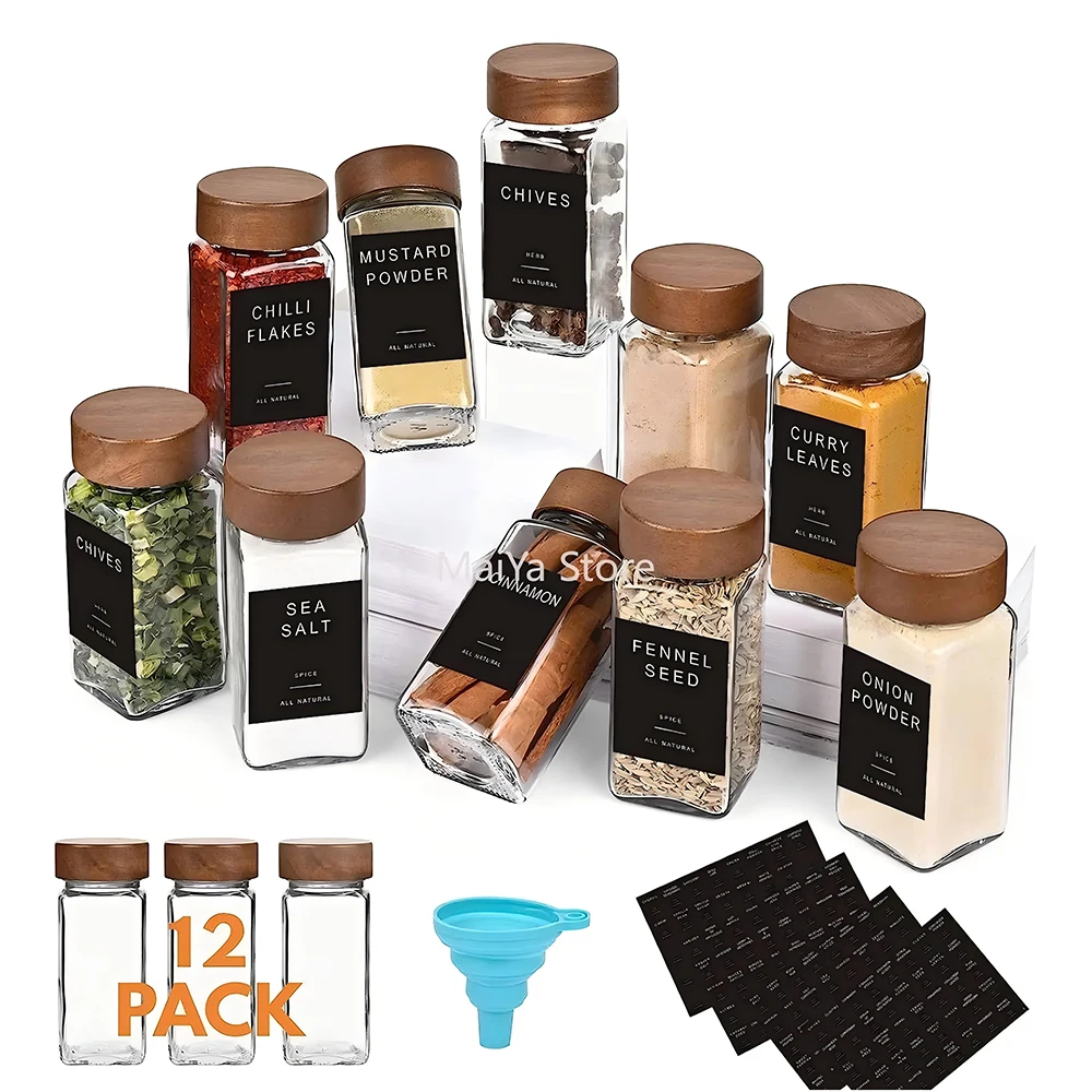 

12pcs 4oz Square Glass Spice Jars with Wooden Lids - Includes Shaker Lids and Pre-Printed Labels for Storage (Empty Bottles)