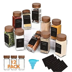 12pcs 4oz Square Glass Spice Jars with Wooden Lids - Includes Shaker Lids and Pre-Printed Labels for Storage (Empty Bottles)