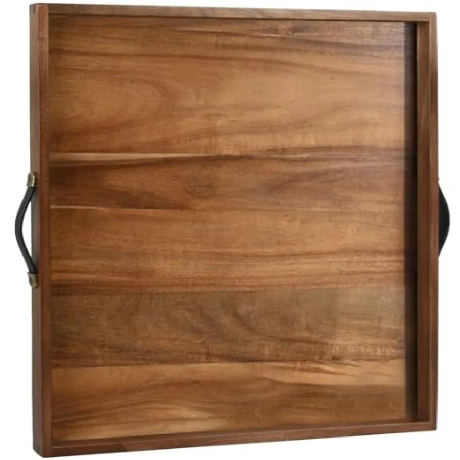 

Extra Large Square Ottoman Tray for Living Room Coffee Table 21 x 21 Inch Decorative Acacia Wooden Serving Tray with Leather Ha