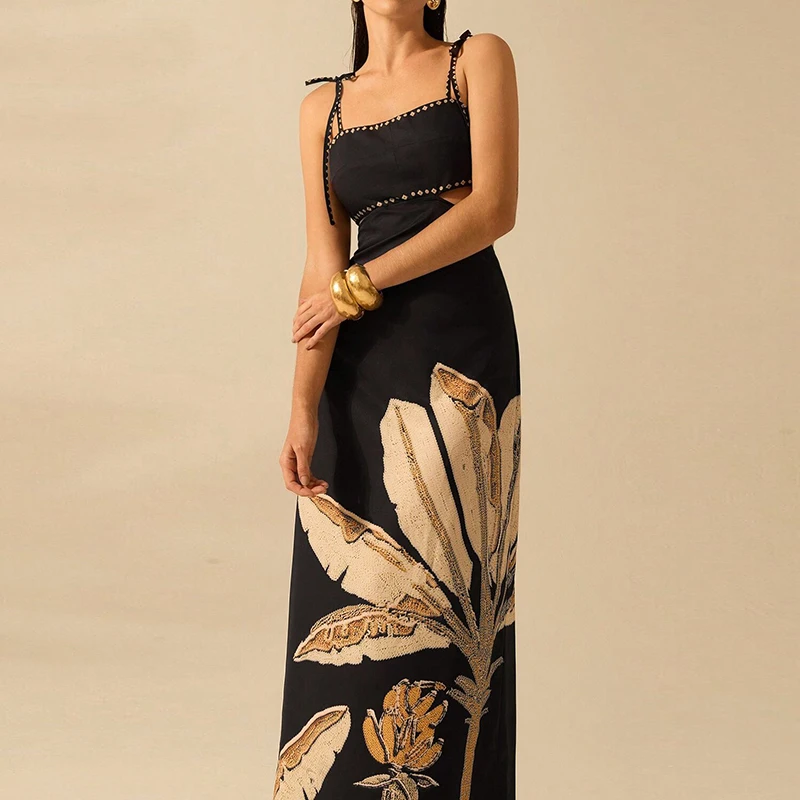 시크 리프 프린트 홀터 보헤미안 드레스 섹시 슬리브리스 슬림 연회 롱 드레스 여성 2025 여름 백리스 타이업 휴가 드레스