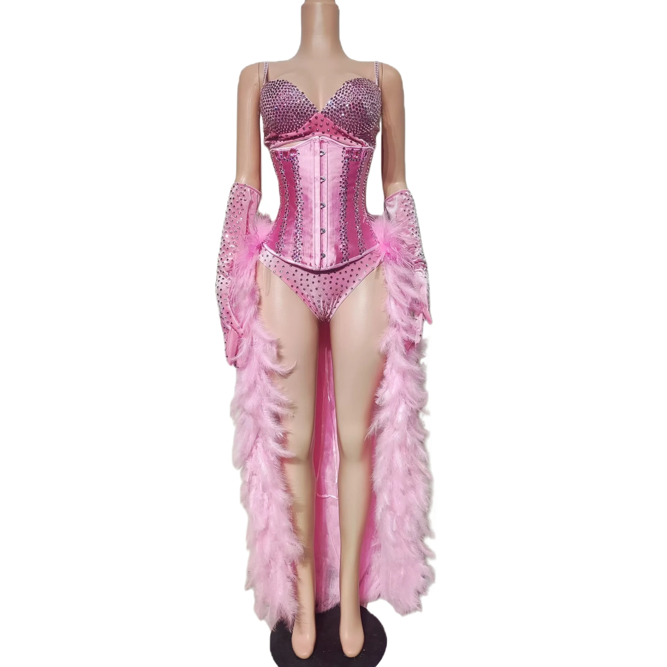 

Sparkly Rhinestone Pink Feather Corset Outfit 3Piece Set With Gloves Bodysuit Trailing Feather Stage Performance Dance Costume
