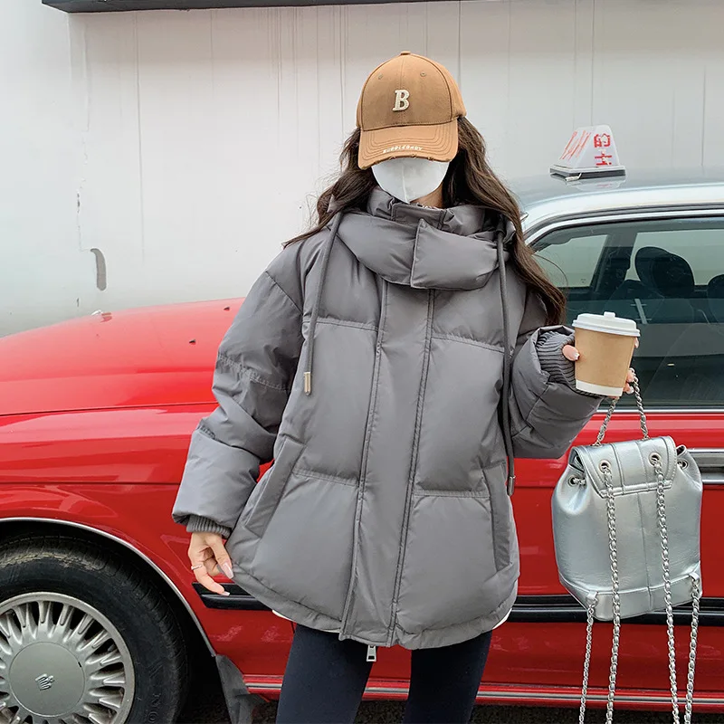 Winter New Hooded Loose Puffer Down Jacket Women Warm Outerwear Drawstring Oversized Short Cotton Jackets Zip Coat Heart Decor