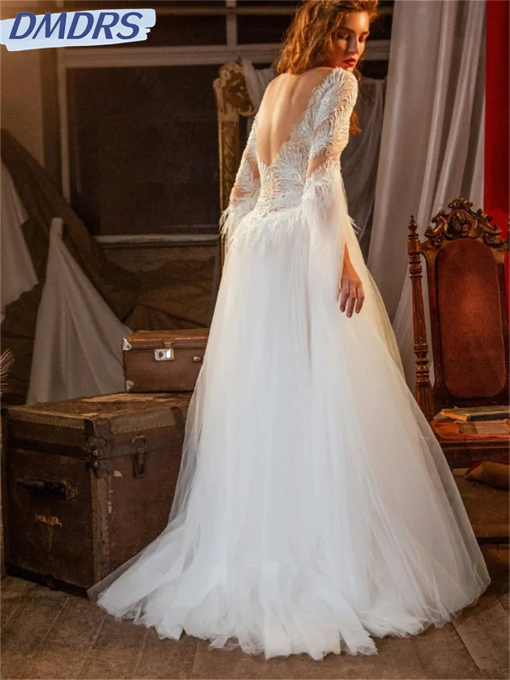 Abito da sposa Sexy senza schienale 2024 abito da sposa elegante a maniche lunghe abito romantico a-line lungo fino al pavimento Vestidos De Novia