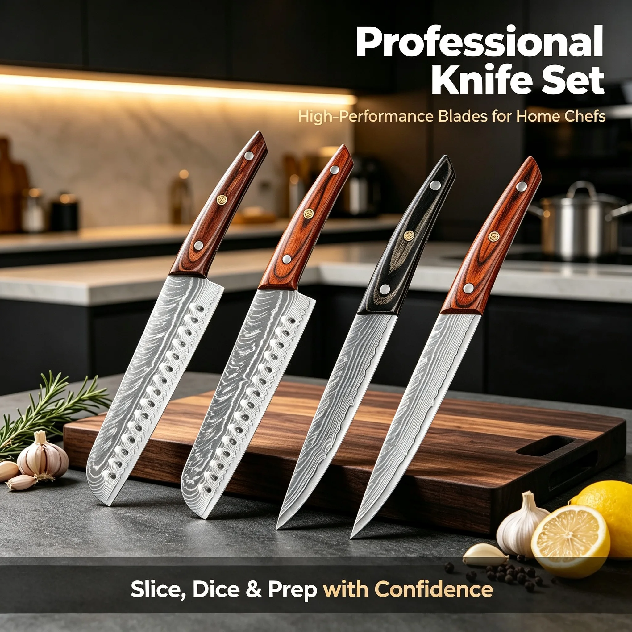 Professional Damascus Kitchen Knife with High-Quality Wooden Handle. High Hardness, Sharp Edge. Multi-Functional Chef's Knife.