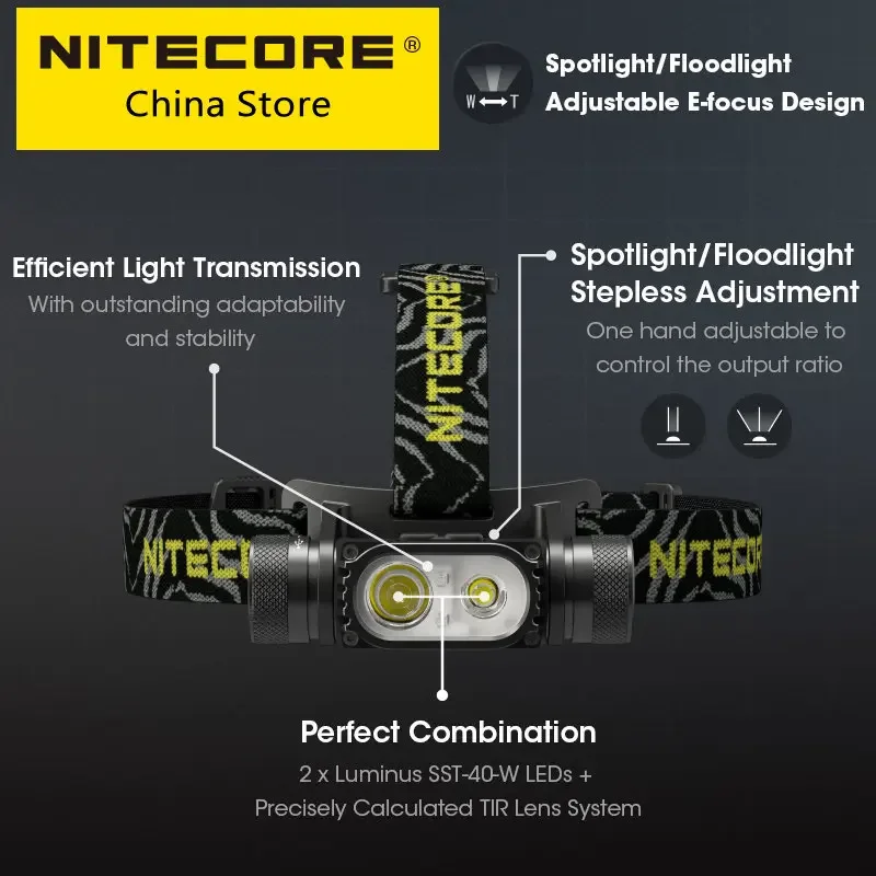 NITECORE HC68 LED Headlamp 2000 Lumen USB Rechargeable Headlight Adjustable Spotlight Floodlight Dual Beam,18650 Li-ion Battery