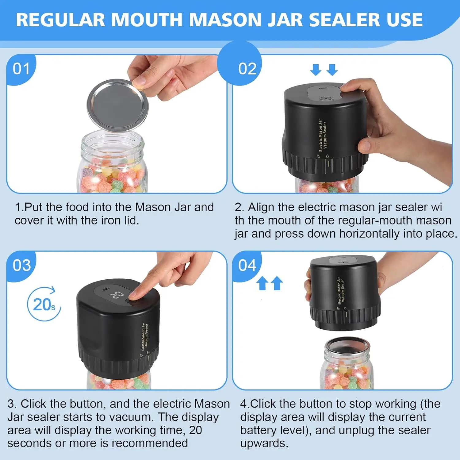 Sigillatrice sottovuoto, per barattoli di vetro a bocca larga e bocca normale, macchina per sigillare sottovuoto per alimenti (arresto automatico)