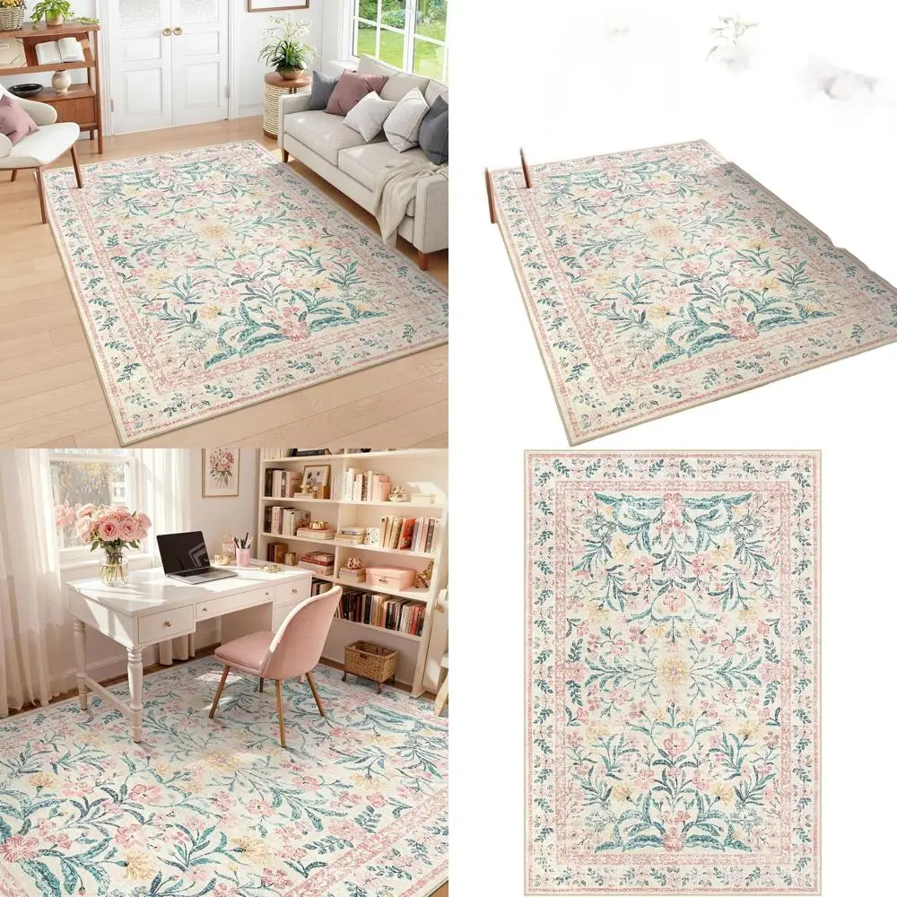 

6x9 Washable Pink Floral Area Rug, Soft Boho Style Carpet for Bedroom, Living Room, Kids Playroom, and Dorm