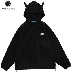 Aolamegs-Sweats à capuche avec cornes de démon pour hommes, Streetwear décontracté, Cornes de démon torsadées, Cornes de démon, Combinaison de fermeture éclair pour documents solides, Hipster confortable, Y-Hip Hop