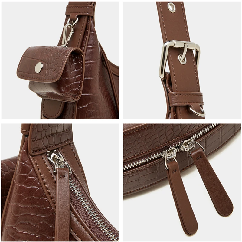 BURMINSA Croc Embossed Genuine Leather Crescent Bag Women Vintage Half Moon Underarm Shoulder Bag Work Crossbody Luxury Handbags